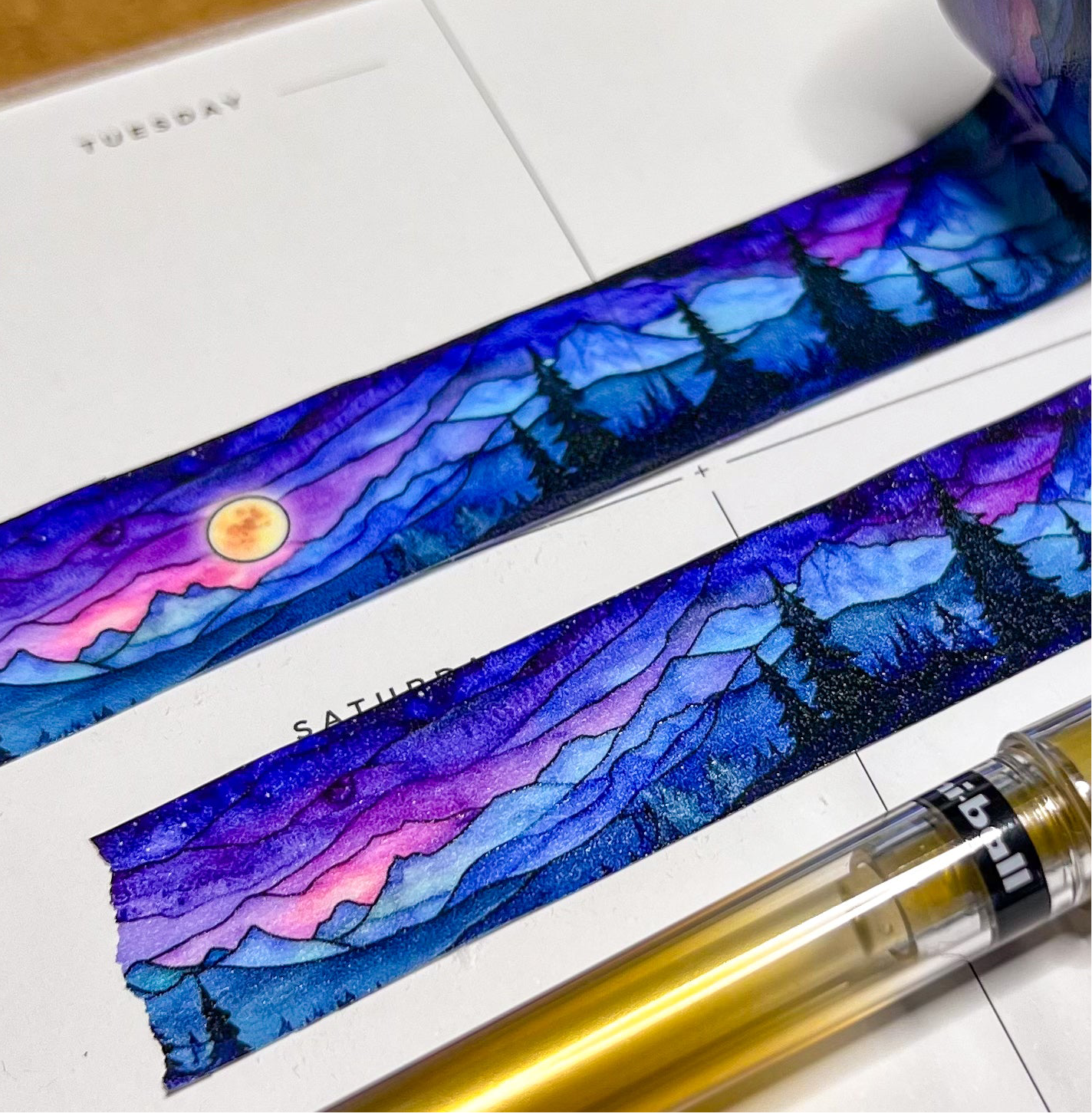 Moonlit Mountains Landscape Washi Tape, Stained Glass Style, Size 2.5cm Wide by 10m Long