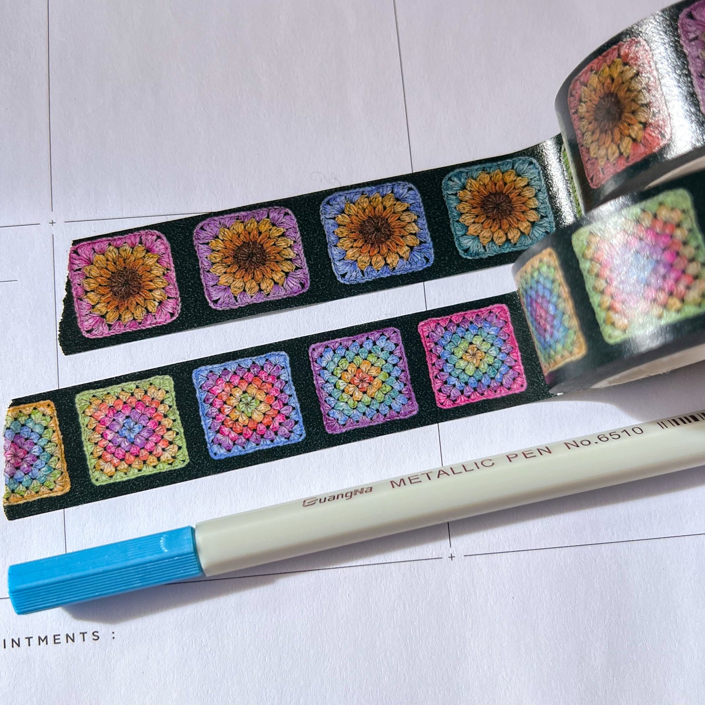 Set of 2 Colorful Crochet Granny Squares & Sunflowers, Watercolor Art Washi Tape, Size 2.5cm Wide by 10m Long