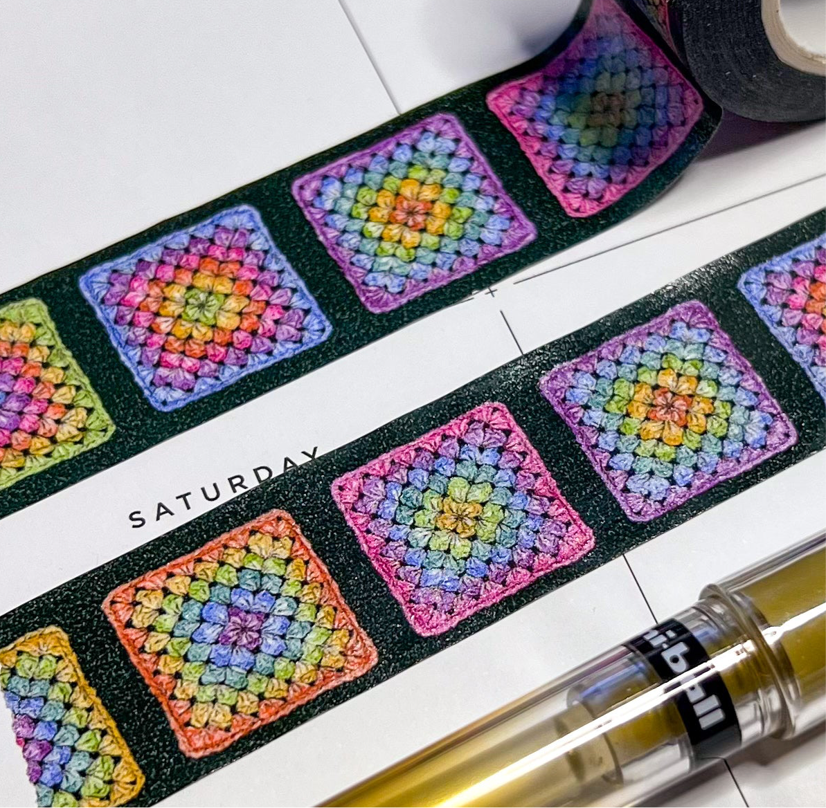 Set of 2 Colorful Crochet Granny Squares & Sunflowers, Watercolor Art Washi Tape, Size 2.5cm Wide by 10m Long