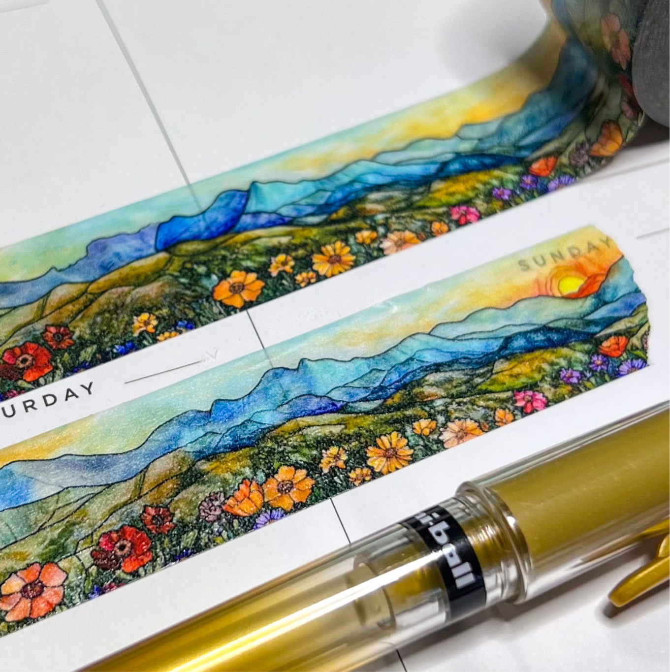 Mountain Meadows & Wildflowers Landscape Washi Tape, Stained Glass Style, Size 2.5cm Wide by 10m Long