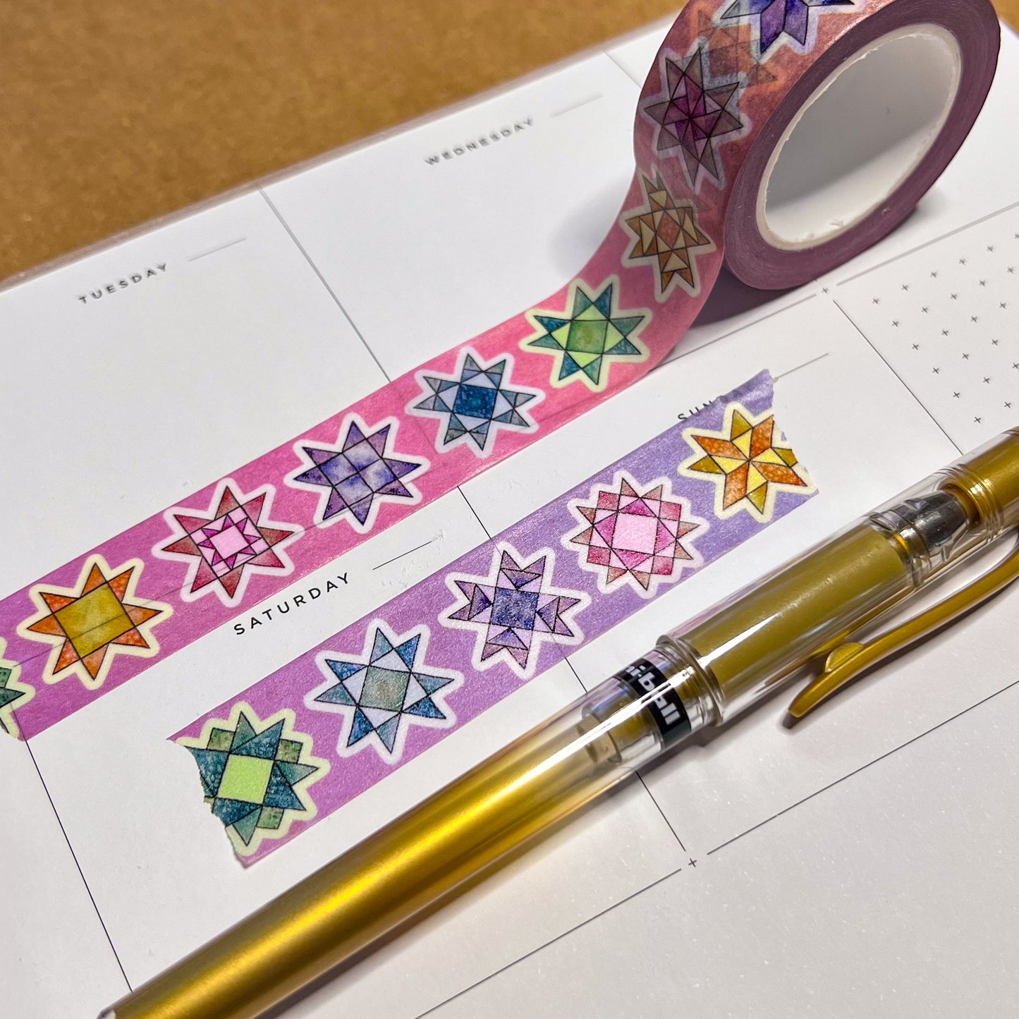 Rainbow Quilt Block Stars Washi Tape, Size 2.5cm Wide by 10m Long