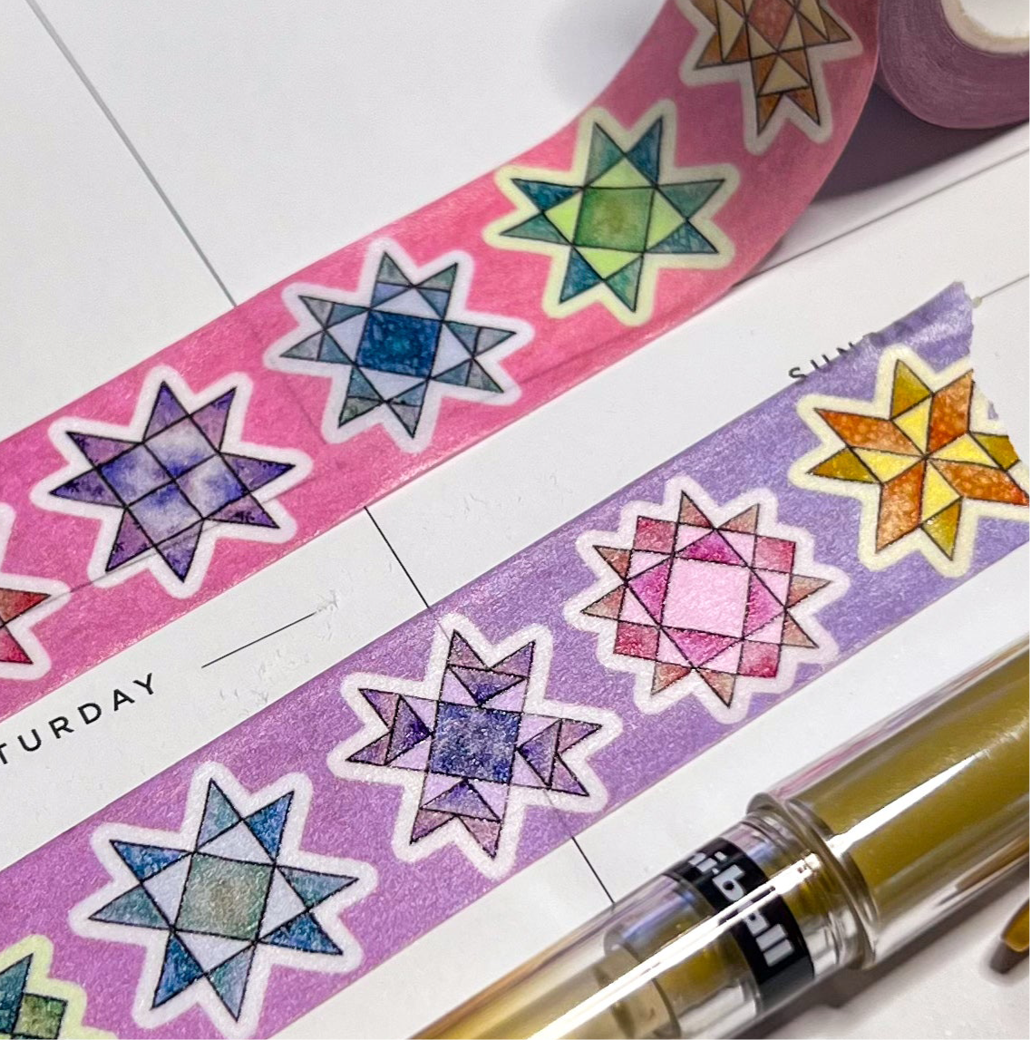 Rainbow Quilt Block Stars Washi Tape, Size 2.5cm Wide by 10m Long