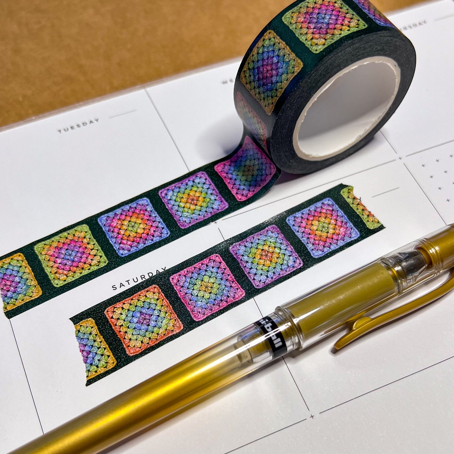 Set of 2 Colorful Crochet Granny Squares & Sunflowers, Watercolor Art Washi Tape, Size 2.5cm Wide by 10m Long