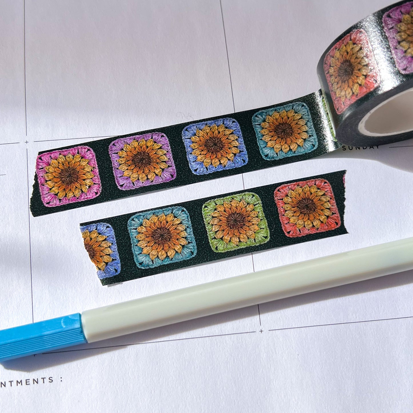 Set of 2 Colorful Crochet Granny Squares & Sunflowers, Watercolor Art Washi Tape, Size 2.5cm Wide by 10m Long