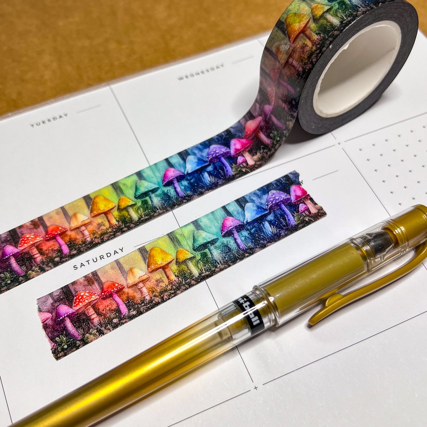 Magical Rainbow Mushrooms Landscape Washi Tape, Size 2.5cm Wide by 10m Long
