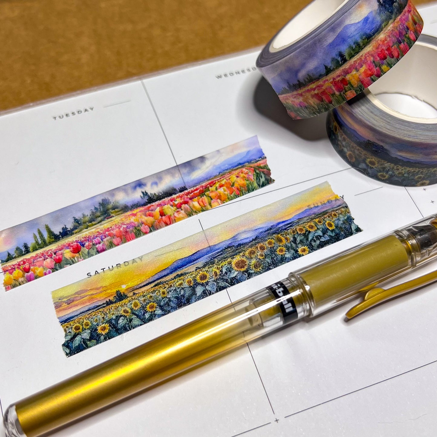 Set of 2 Flower Fields Tulips & Sunflowers, Watercolor Landscape Washi Tape, Size 2.5cm Wide by 10m Long