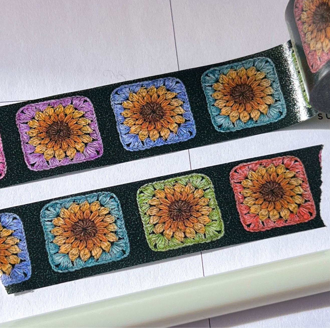 Set of 2 Colorful Crochet Granny Squares & Sunflowers, Watercolor Art Washi Tape, Size 2.5cm Wide by 10m Long