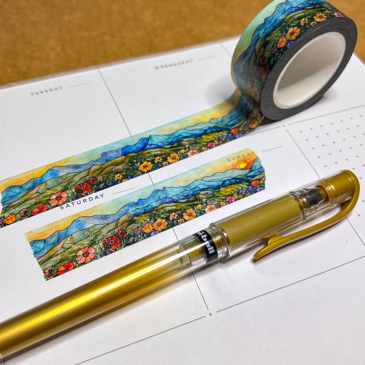 Mountain Meadows & Wildflowers Landscape Washi Tape, Stained Glass Style, Size 2.5cm Wide by 10m Long