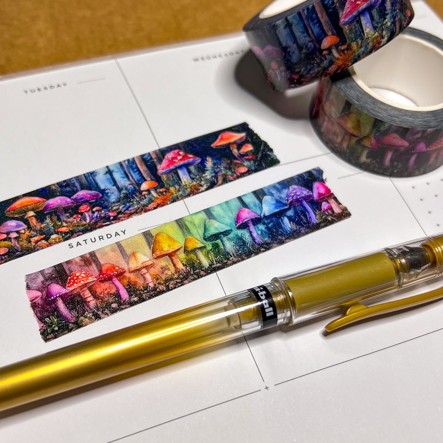 Set of 2 Magical Rainbow Mushrooms, Watercolor Landscape Art Washi Tape, Size 2.5cm Wide by 10m Long