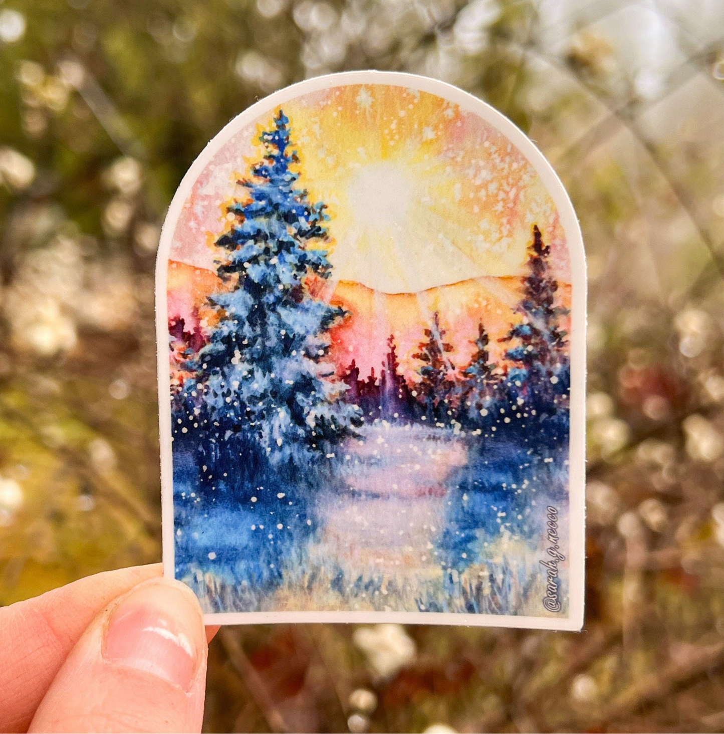 Winter Sunshine Landscape Arch, 3" Vinyl Sticker, Waterproof and Dishwasher Safe, Watercolor Art