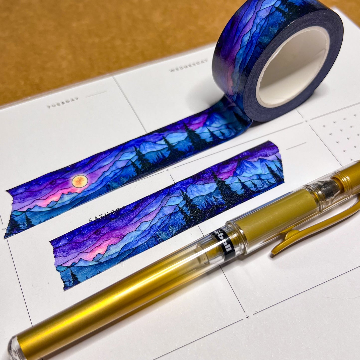 Moonlit Mountains Landscape Washi Tape, Stained Glass Style, Size 2.5cm Wide by 10m Long