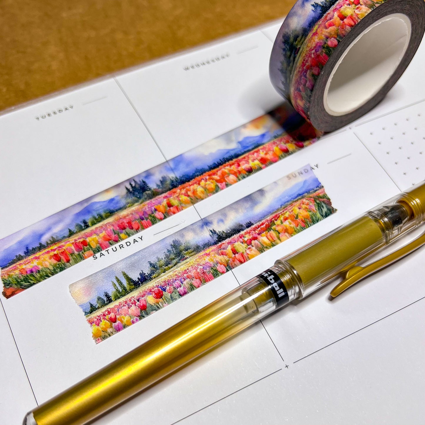 Set of 2 Flower Fields Tulips & Sunflowers, Watercolor Landscape Washi Tape, Size 2.5cm Wide by 10m Long