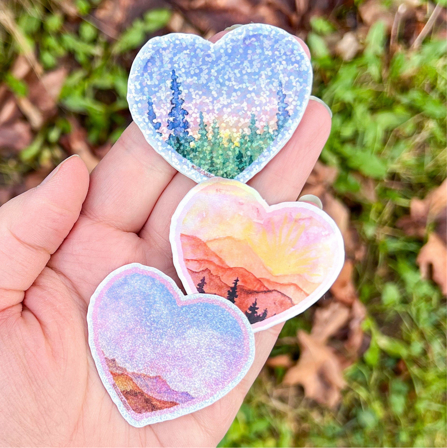 Pastel Landscape Holo Hearts, 2” Holographic & Glitter Die-Cut Stickers