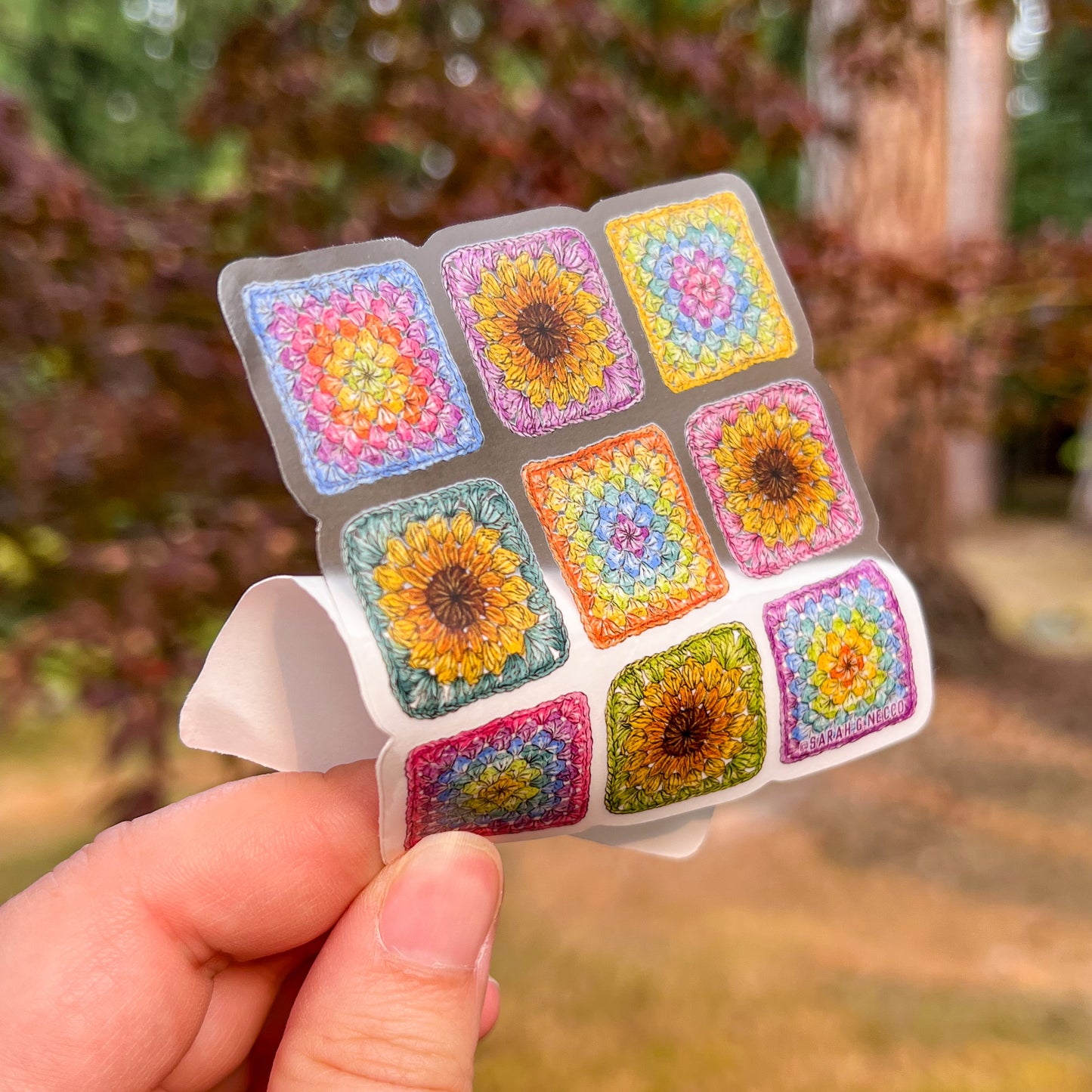 Crocheted Granny Squares, 3" Clear or Holo Die-Cut Vinyl Sticker, Waterproof & Dishwasher Safe