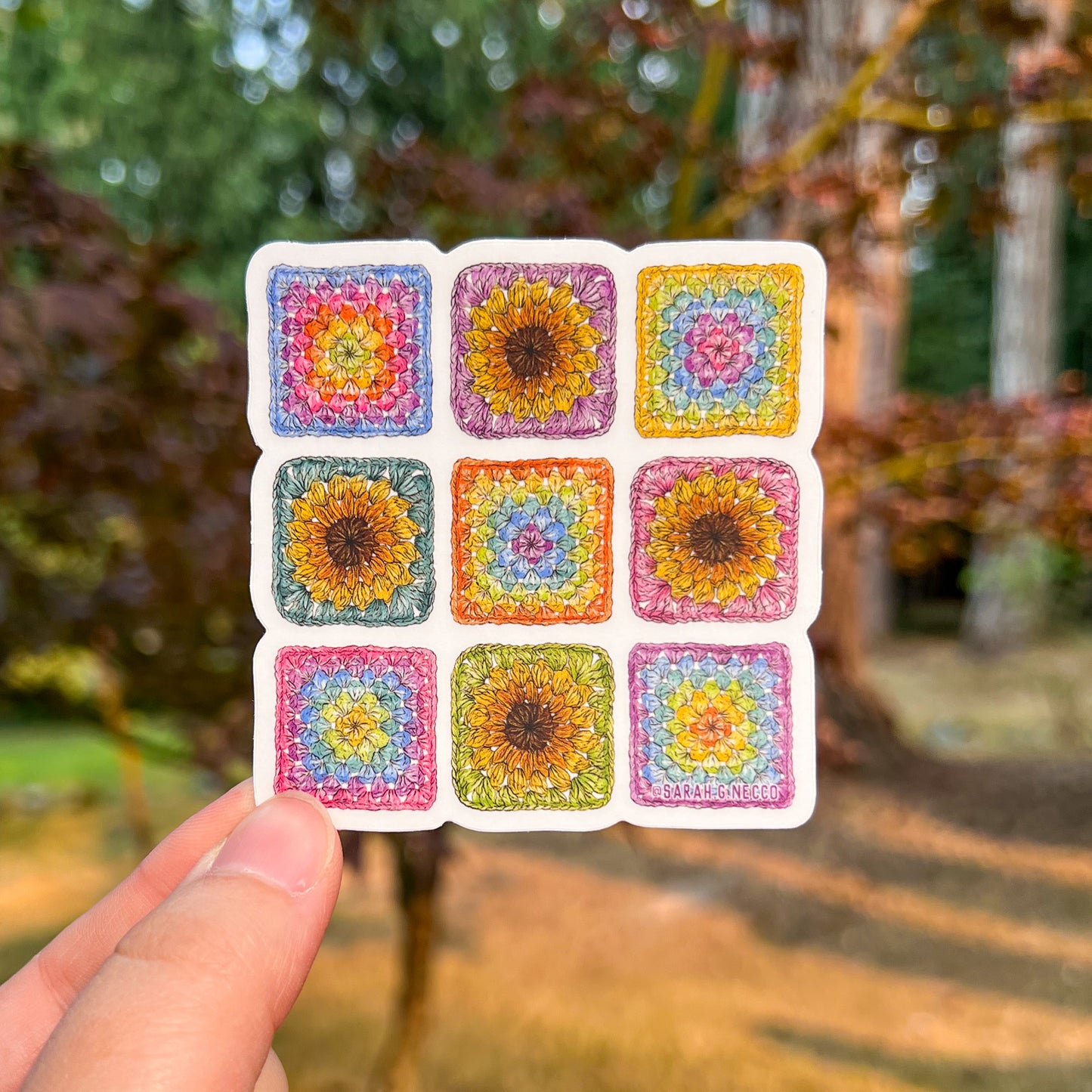 Crocheted Granny Squares, 3" Clear or Holo Die-Cut Vinyl Sticker, Waterproof & Dishwasher Safe