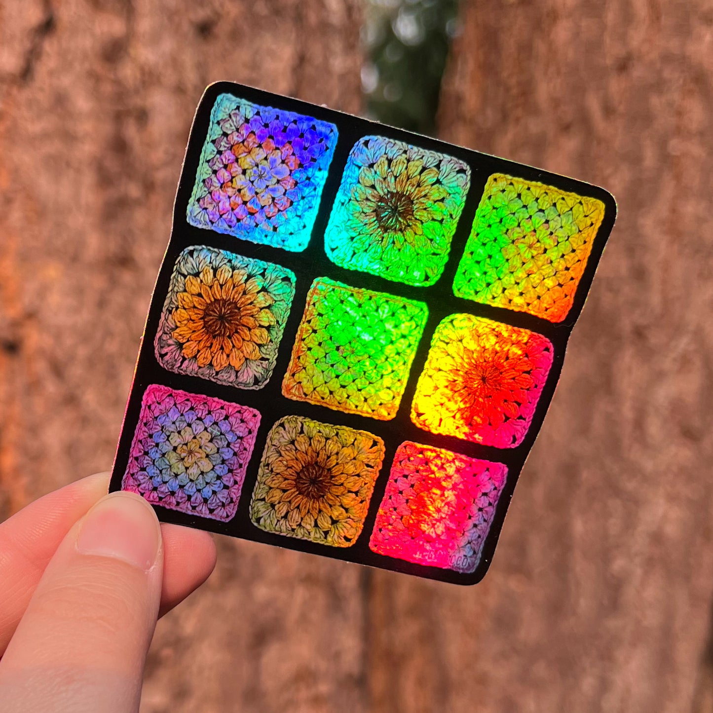 Crocheted Granny Squares, 3" Clear or Holo Die-Cut Vinyl Sticker, Waterproof & Dishwasher Safe