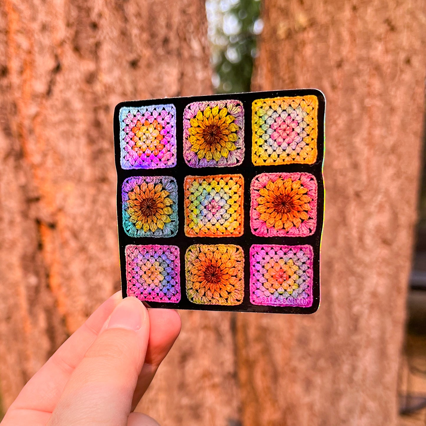 Crocheted Granny Squares, 3" Clear or Holo Die-Cut Vinyl Sticker, Waterproof & Dishwasher Safe