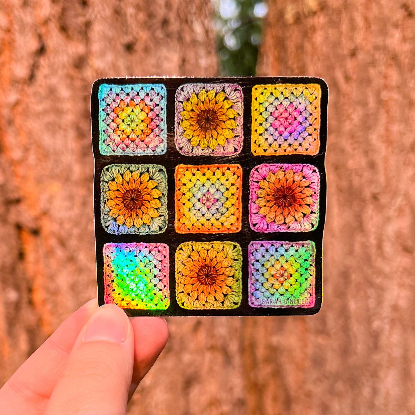 Crocheted Granny Squares, 3" Clear or Holo Die-Cut Vinyl Sticker, Waterproof & Dishwasher Safe