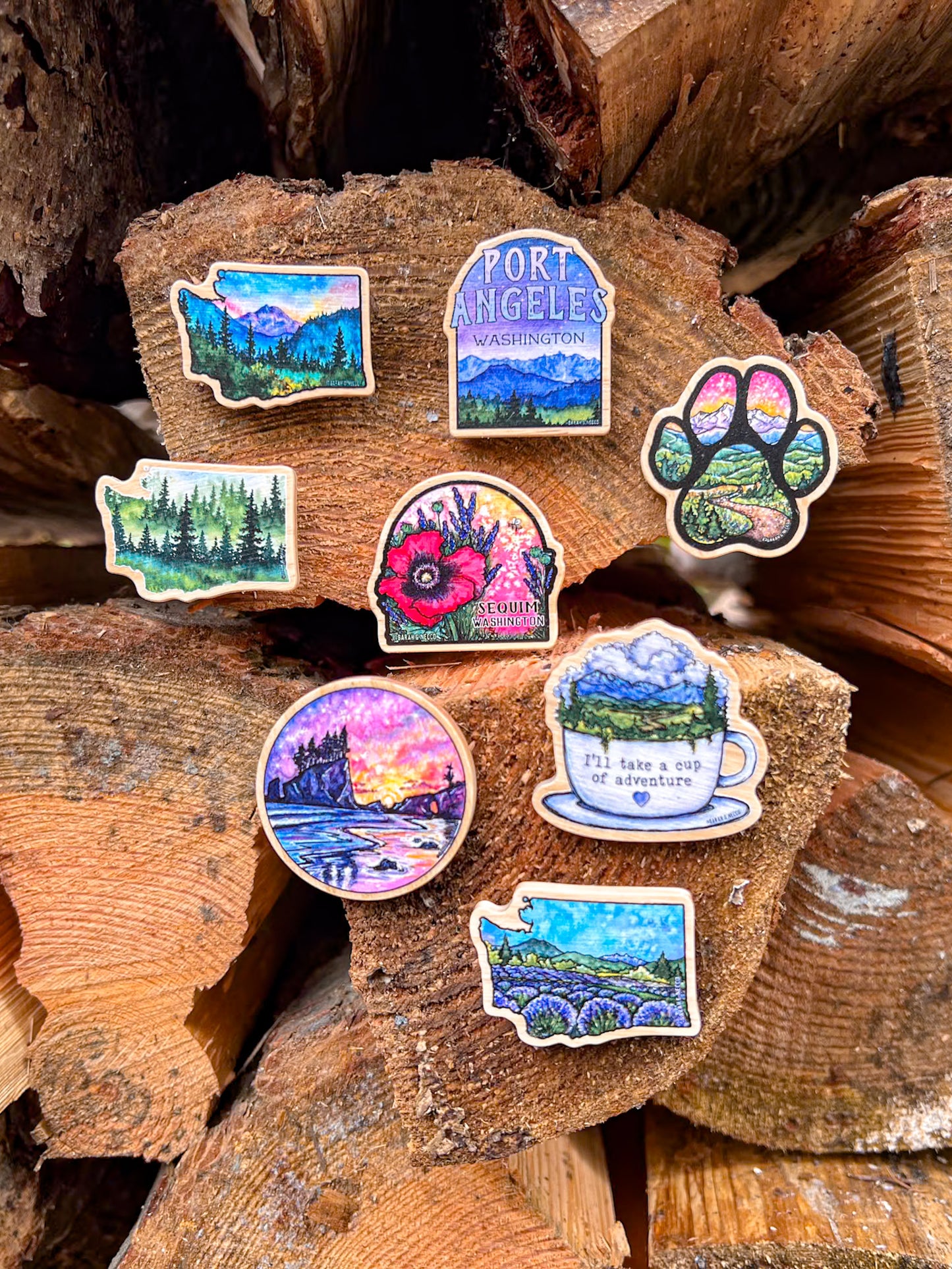 Sequim WA Lavender, Real Pine Wood 1.5” Pin with Rubber Clutch, Wearable Watercolor Art