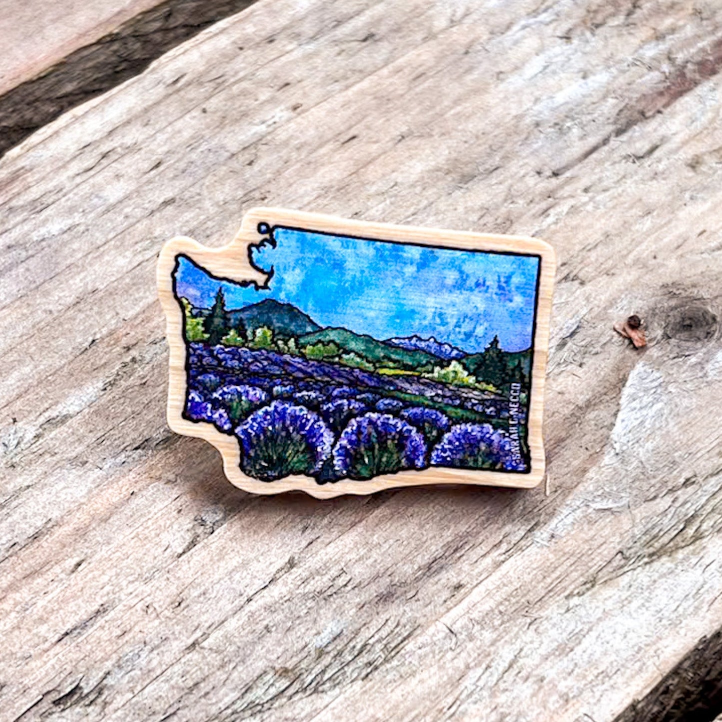 WA State Lavender, Real Pine Wood 1.5” Pin with Rubber Clutch, Wearable Watercolor Art