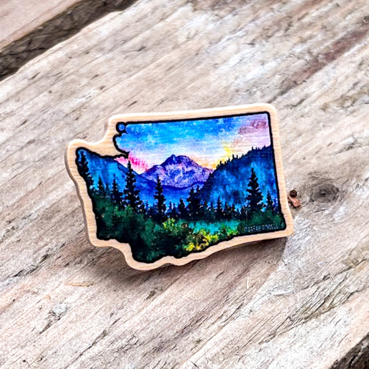 Mt. Rainier / Tahoma WA, Real Pine Wood 1.5” Pin with Rubber Clutch, Wearable Watercolor Art