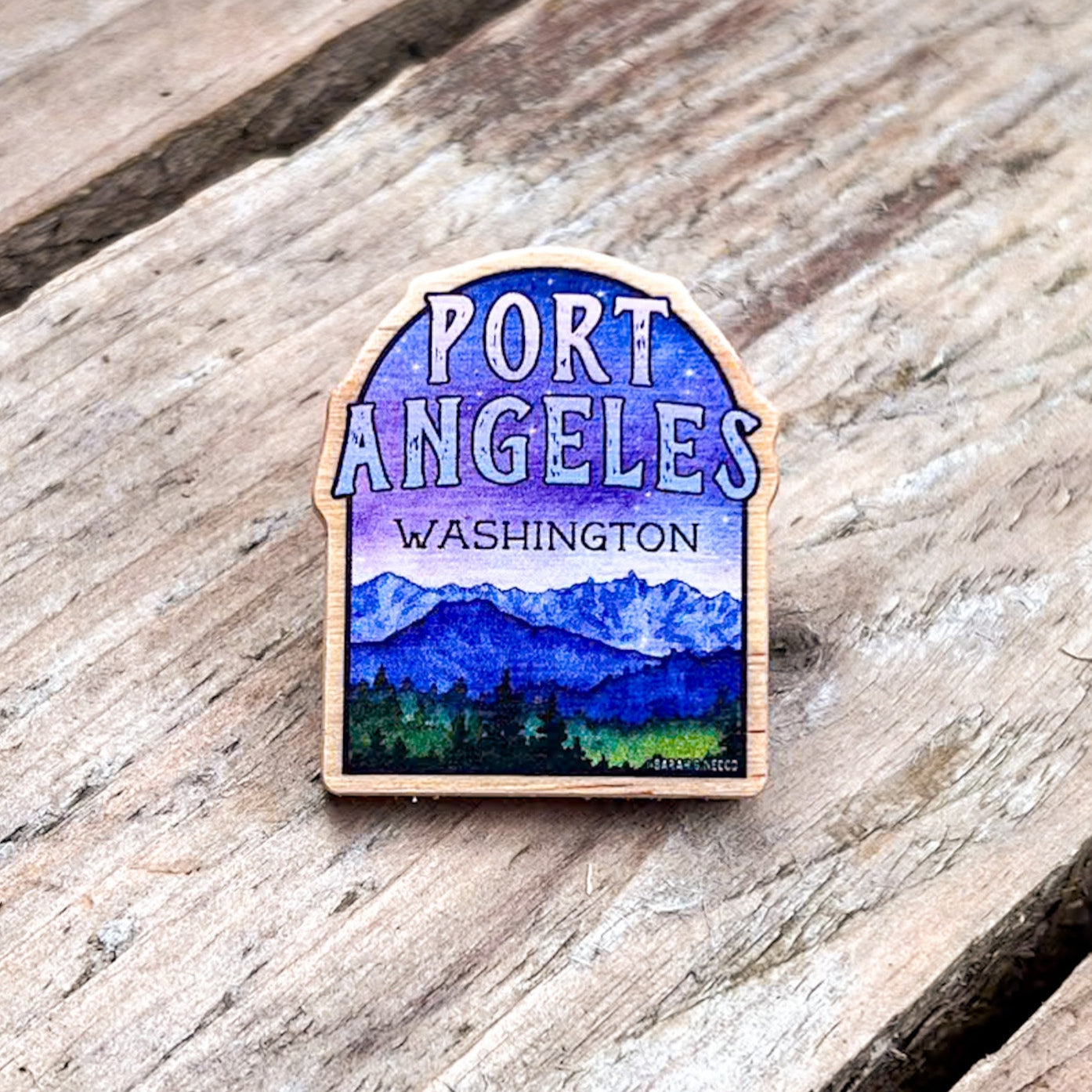 Port Angeles WA, Real Pine Wood 1.5” Pin with Rubber Clutch, Wearable Watercolor Art