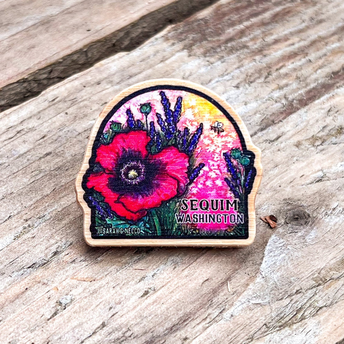 Sequim Poppy & Lavender, Real Pine Wood 1.5” Pin with Rubber Clutch, Wearable Watercolor Art