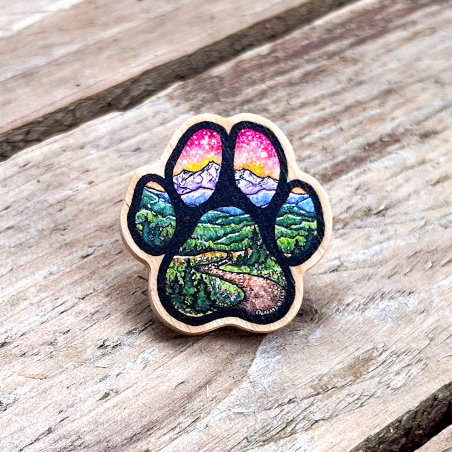 Adventure Buddy Dog Paw, Real Pine Wood 1.5” Pin with Rubber Clutch, Wearable Watercolor Art