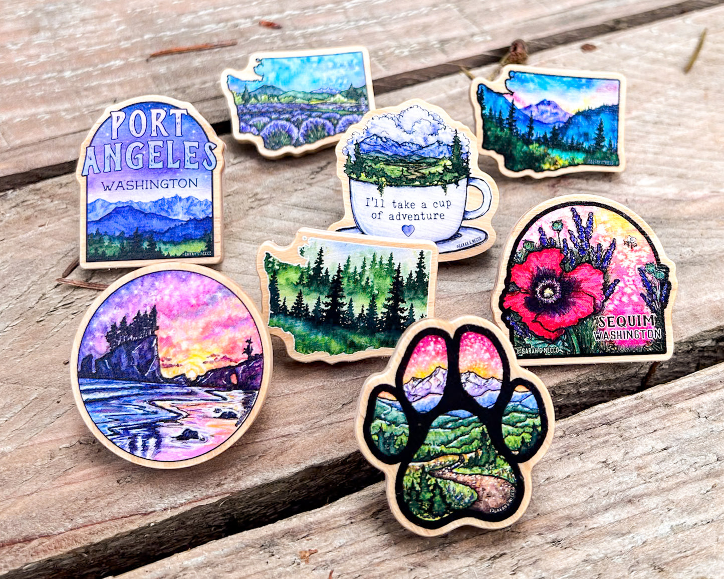 Sequim WA Lavender, Real Pine Wood 1.5” Pin with Rubber Clutch, Wearable Watercolor Art