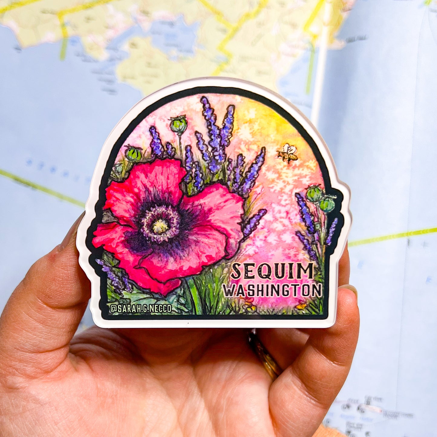 Sequim WA Red Poppy and Lavender, 3” Glossy Acrylic Magnet