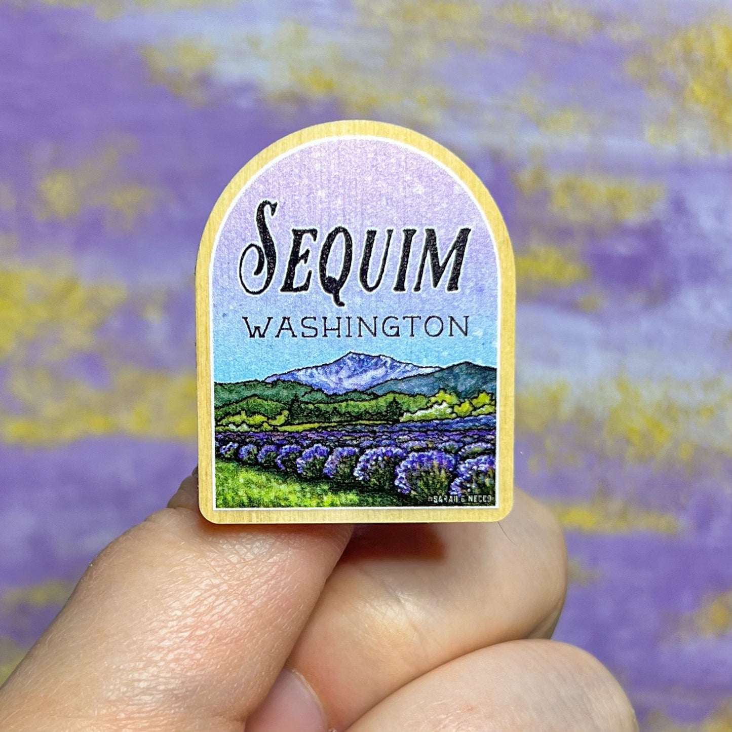 Sequim WA Lavender, Real Pine Wood 1.5” Pin with Rubber Clutch, Wearable Watercolor Art