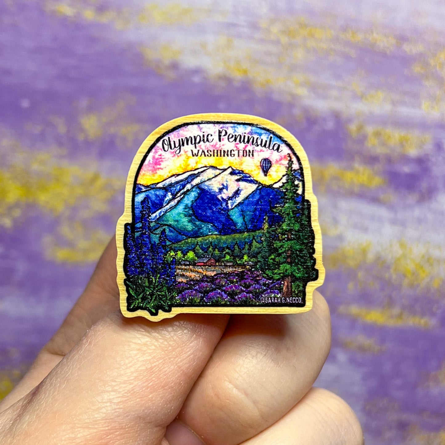 Great Olympic Peninsula, Real Pine Wood 1.5” Pin with Rubber Clutch, Wearable Watercolor Art
