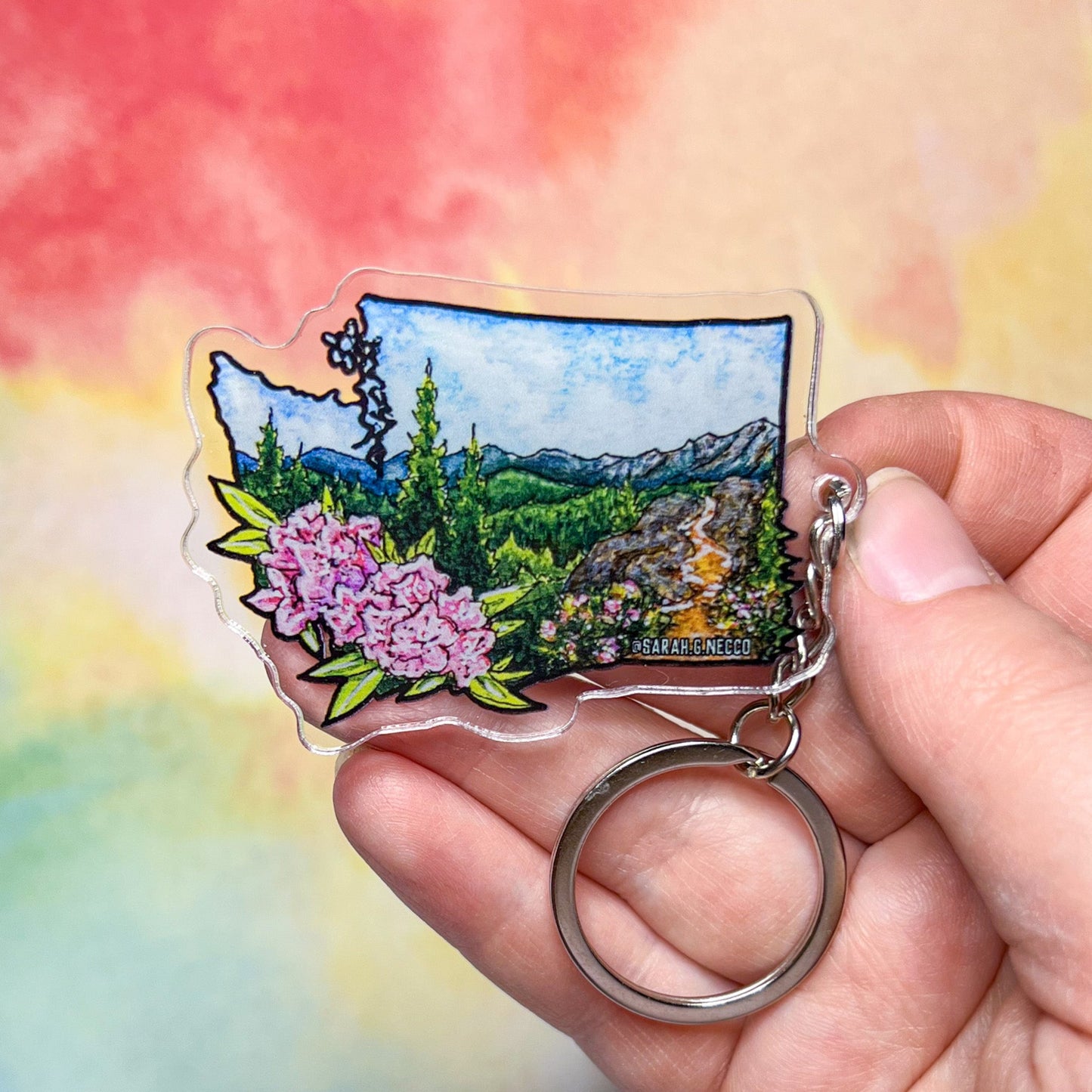 WA State Flower, 2" Double-Sided Acrylic Artist Keychain, High Quality