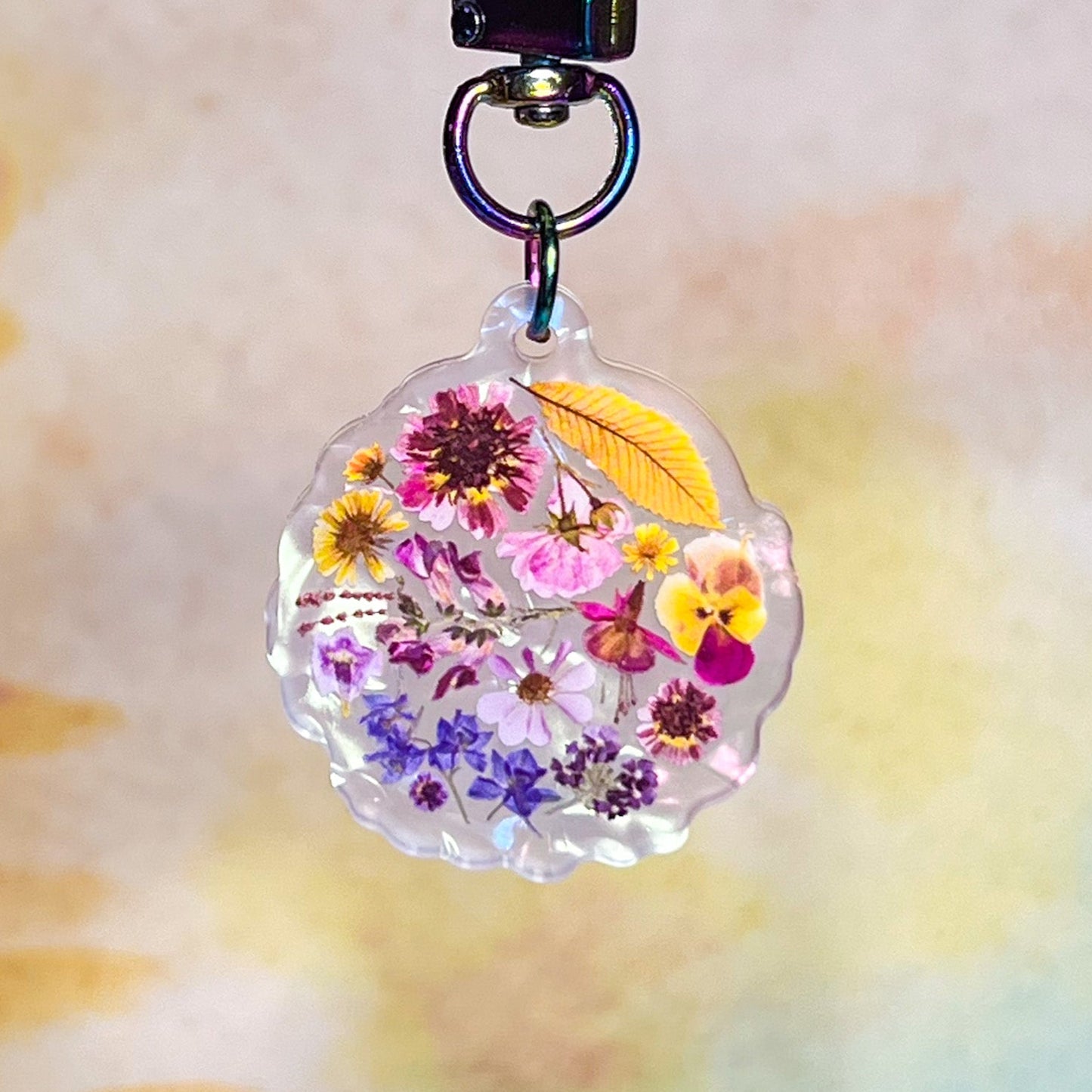 Rainbow Pressed Flowers, 1.5" Double-Sided Faux Abalone Acrylic High Quality Artist Keychain