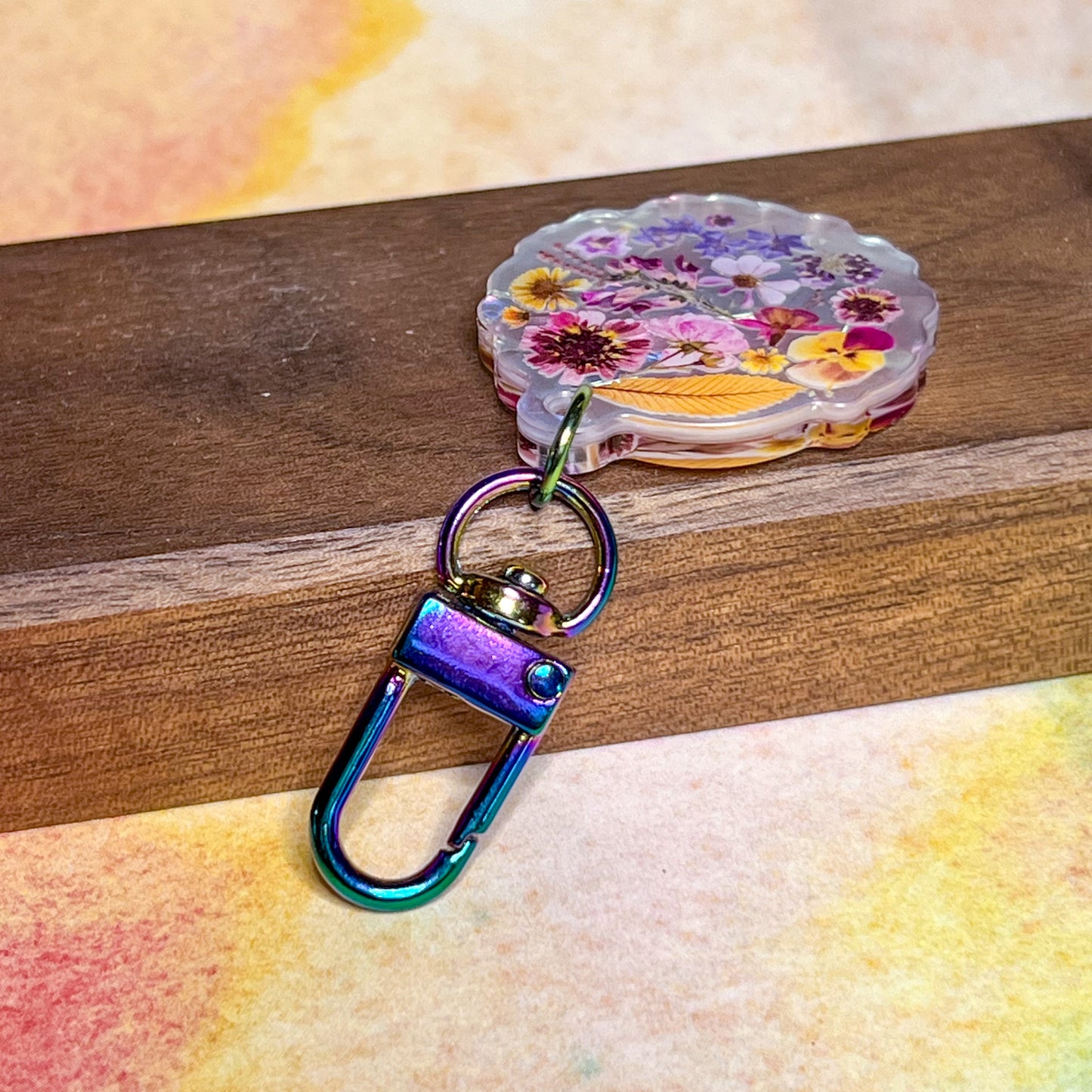 Rainbow Pressed Flowers, 1.5" Double-Sided Faux Abalone Acrylic High Quality Artist Keychain