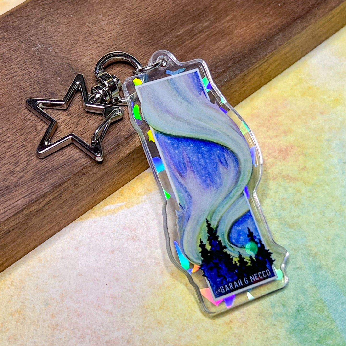 Northern Lights, 2" Broken Ice Holographic Double-Sided Acrylic, High Quality Artist Keychain