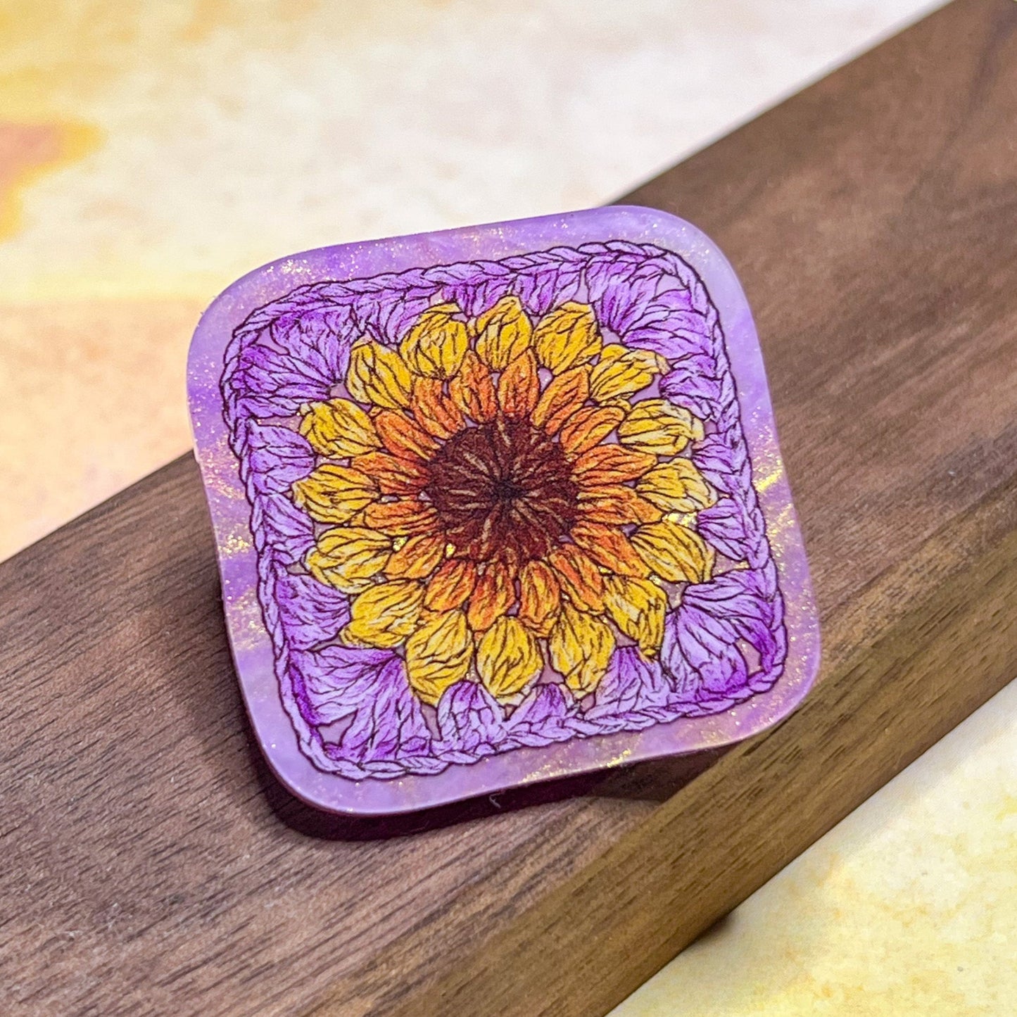 Purple & Gold Sunflower Granny Square, Acrylic 1.5” Pin with Rubber Clutch