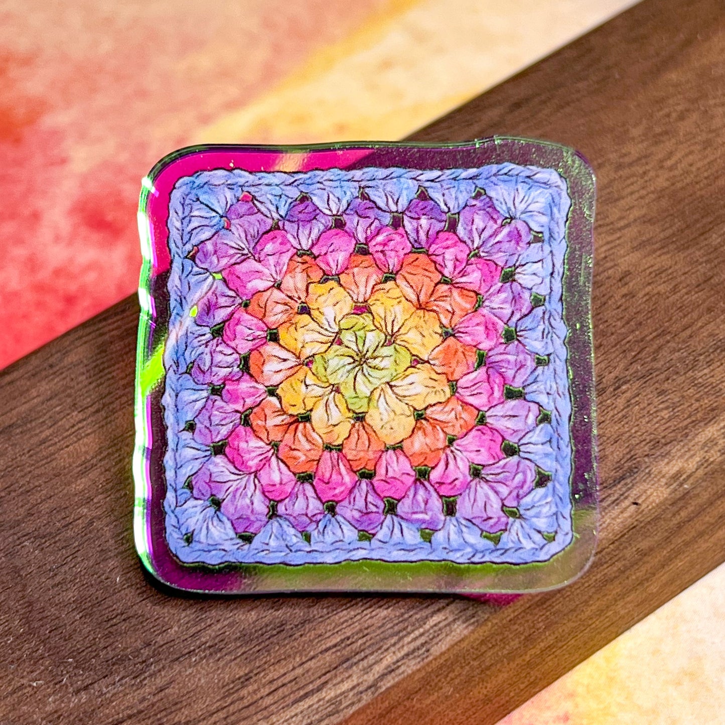 Blue Holographic Rainbow Granny Square, Acrylic 1.5” Pin with Rubber Clutch