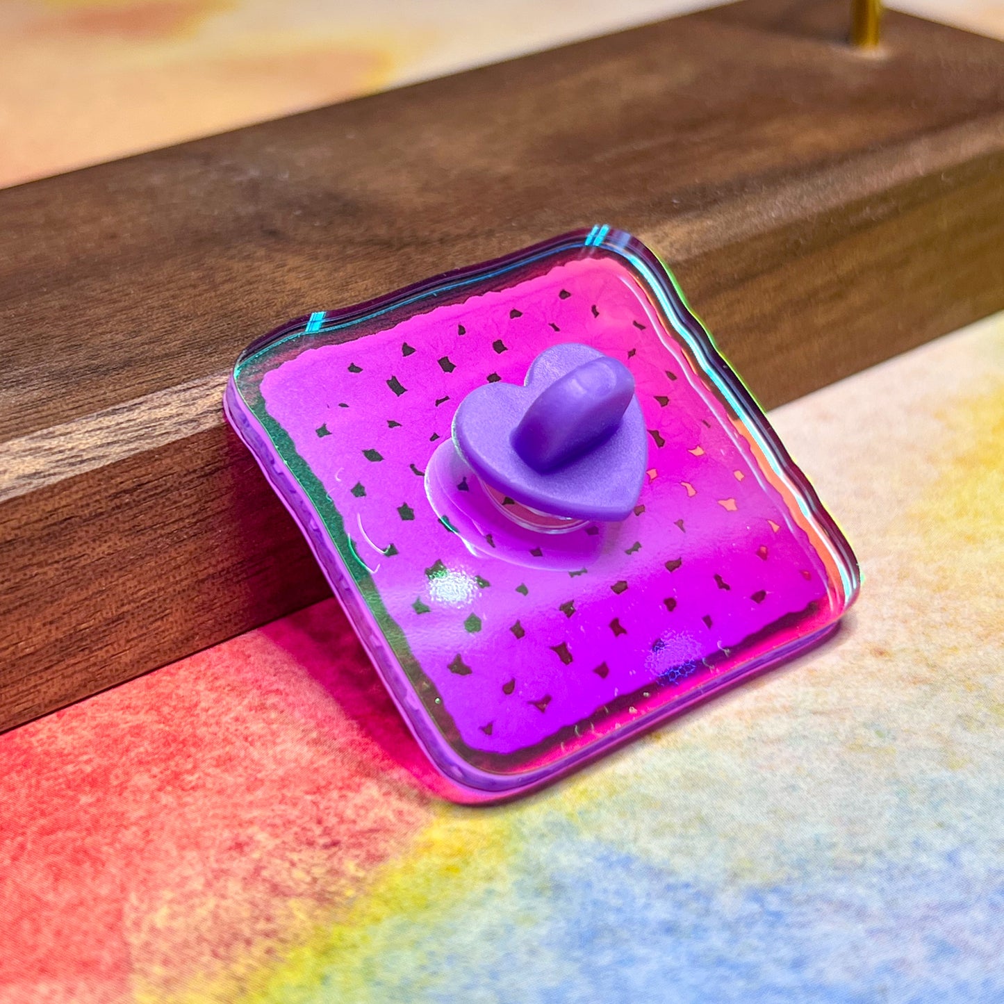 Blue Holographic Rainbow Granny Square, Acrylic 1.5” Pin with Rubber Clutch