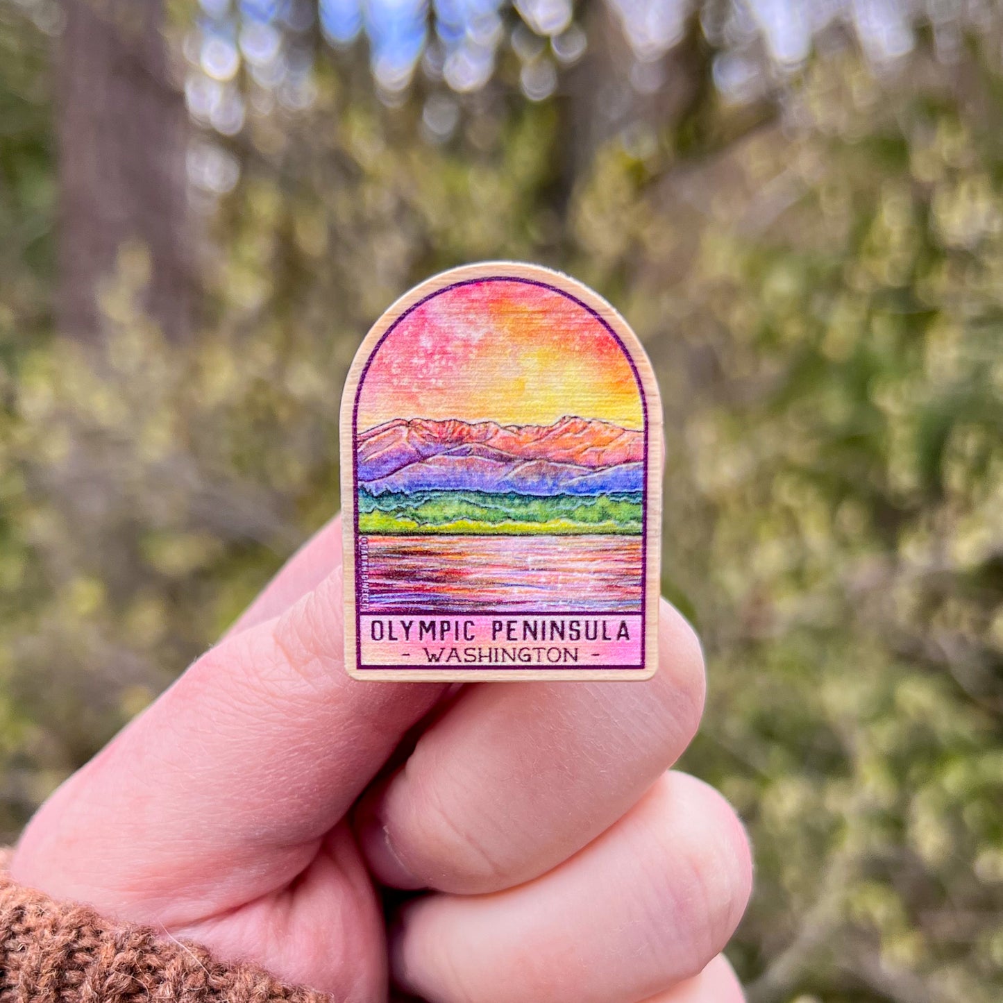 Olympic Peninsula Sea to Summit, Real Pine Wood 1.5” Pin with Rubber Clutch, Wearable Watercolor Art