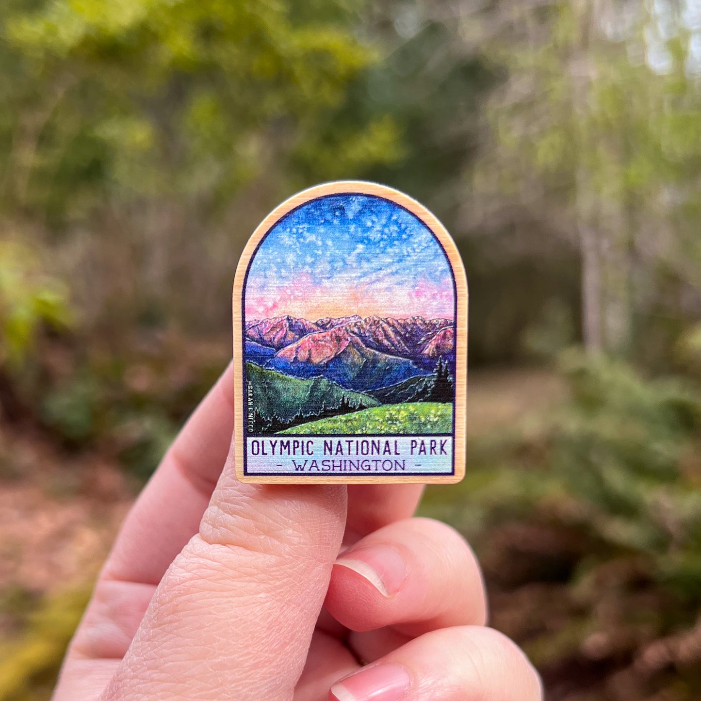 Olympic National Park at Dusk, Real Pine Wood 1.5” Pin with Rubber Clutch, Wearable Watercolor Art