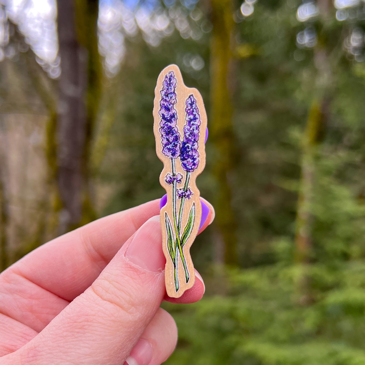 Lavender Stems, Real Pine Wood 2.5” Tall Pin with Rubber Clutch, Wearable Watercolor Art