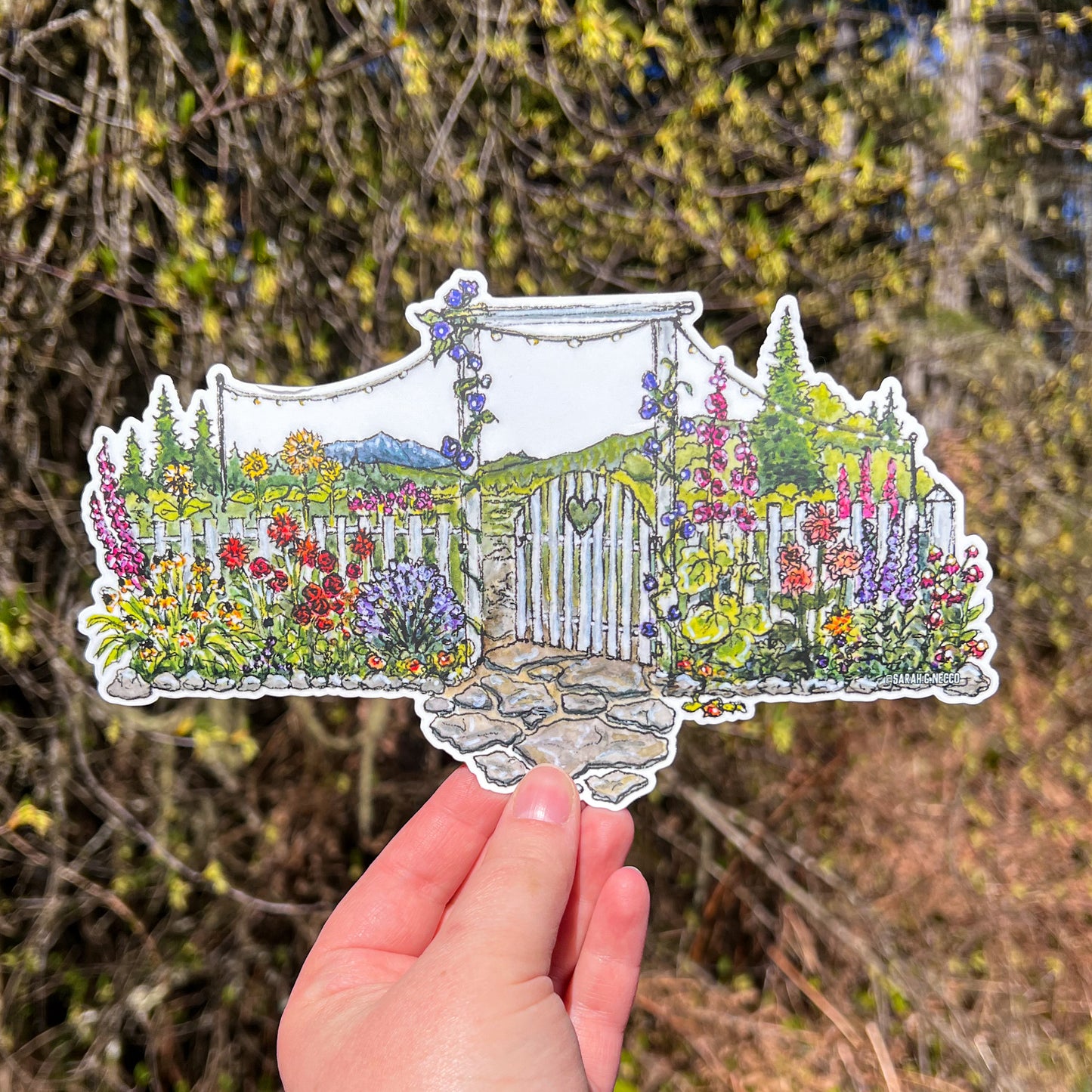 Large Size Flower Garden Gate Wrap Sticker, 5"x8.7" White Die-Cut Vinyl