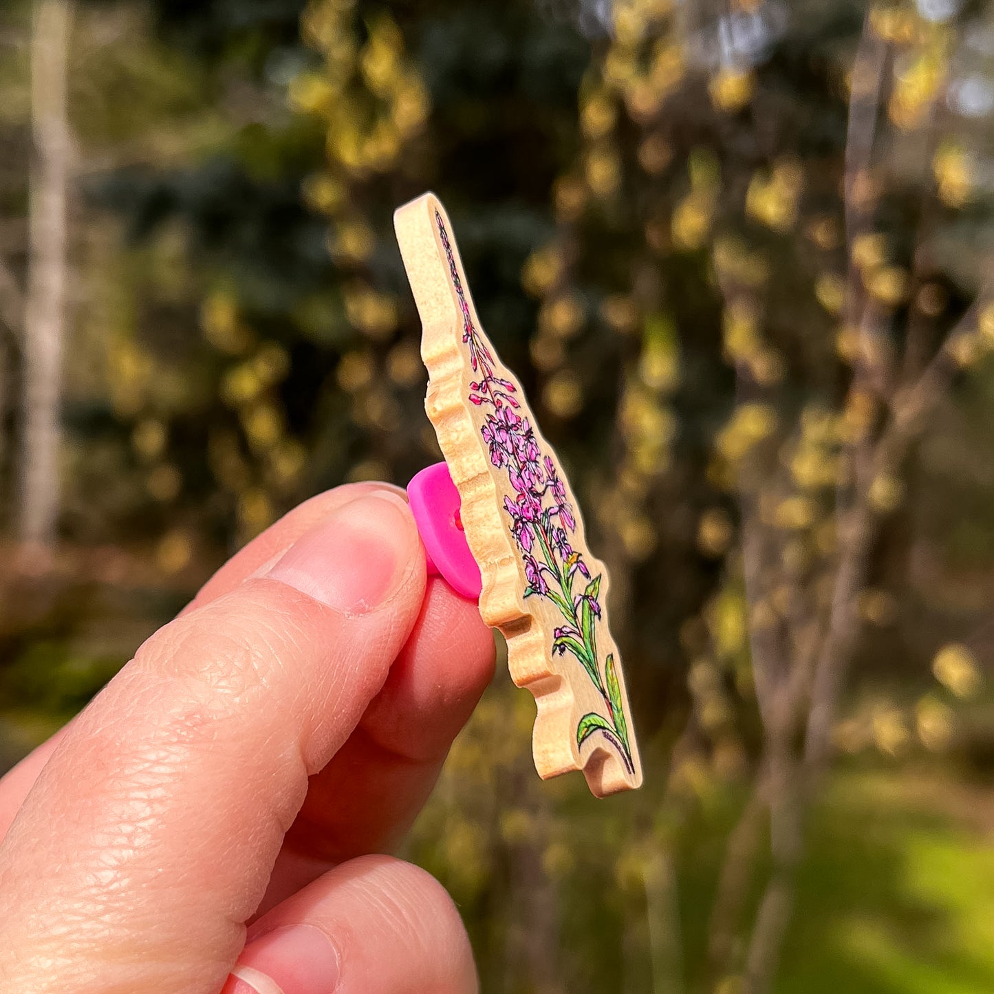 Fireweed Flower, Real Pine Wood 1.5” Pin with Rubber Clutch