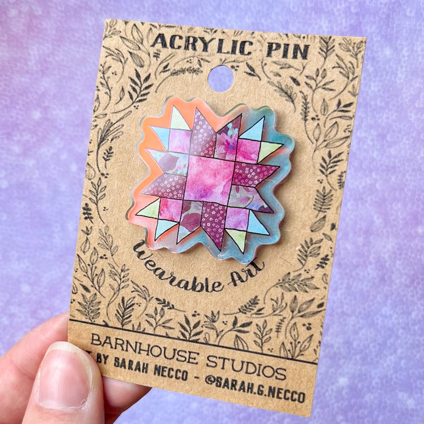 Limited Addition* Watercolor Quilt Block, 1.5” Iridescent Blue Acrylic Pin with Rubber Clutch
