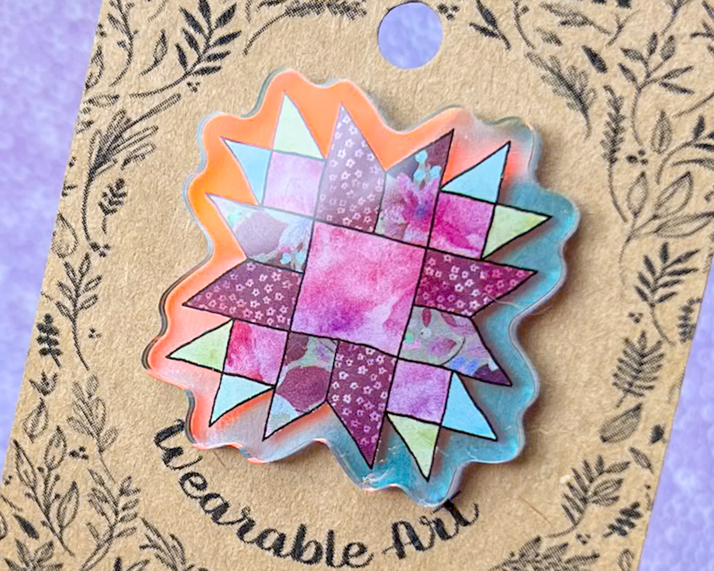 Limited Addition* Watercolor Quilt Block, 1.5” Iridescent Blue Acrylic Pin with Rubber Clutch
