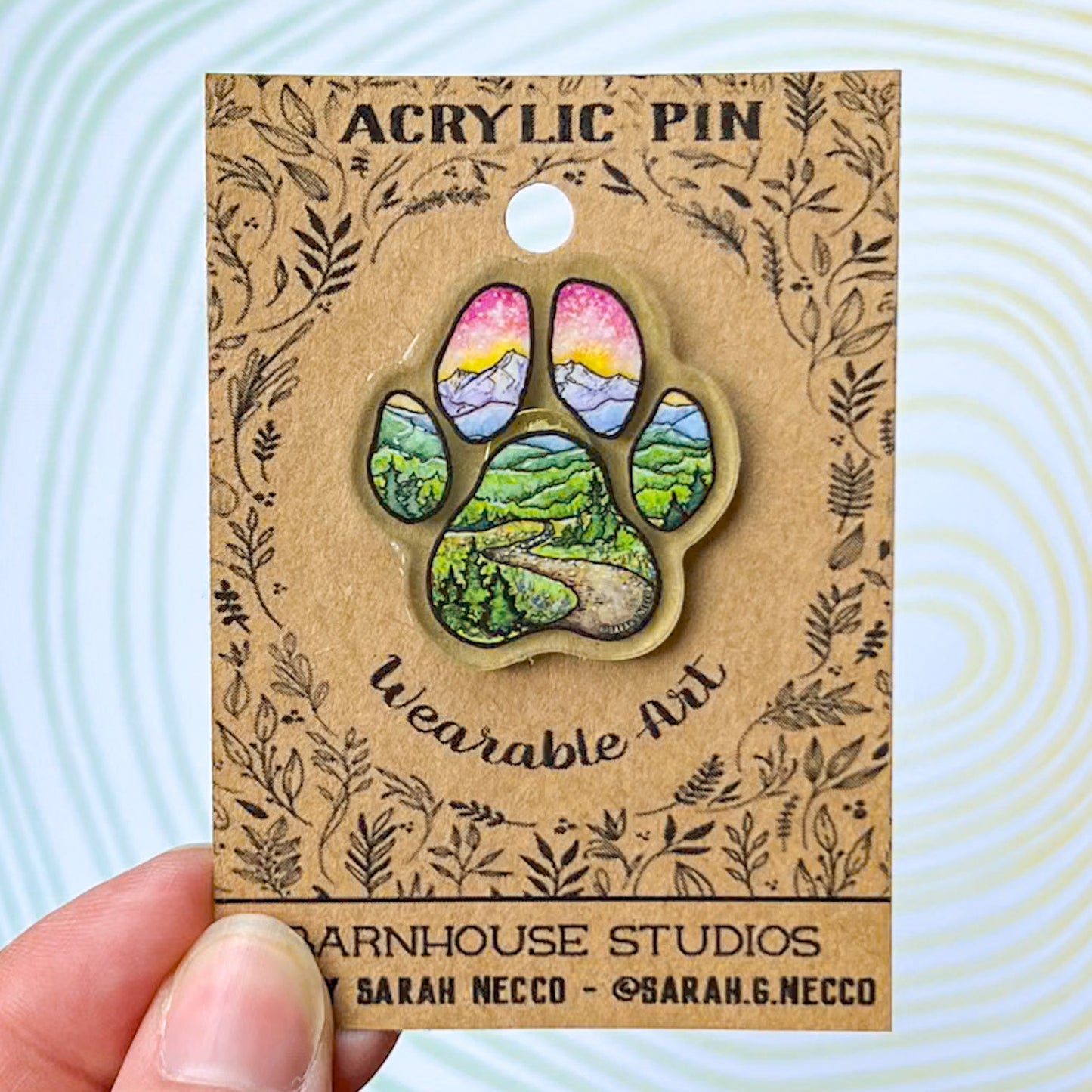 Limited Edition* Adventure Buddy Dog Paw, 1.5” Light Green Acrylic Pin with Rubber Clutch, Wearable Watercolor Art