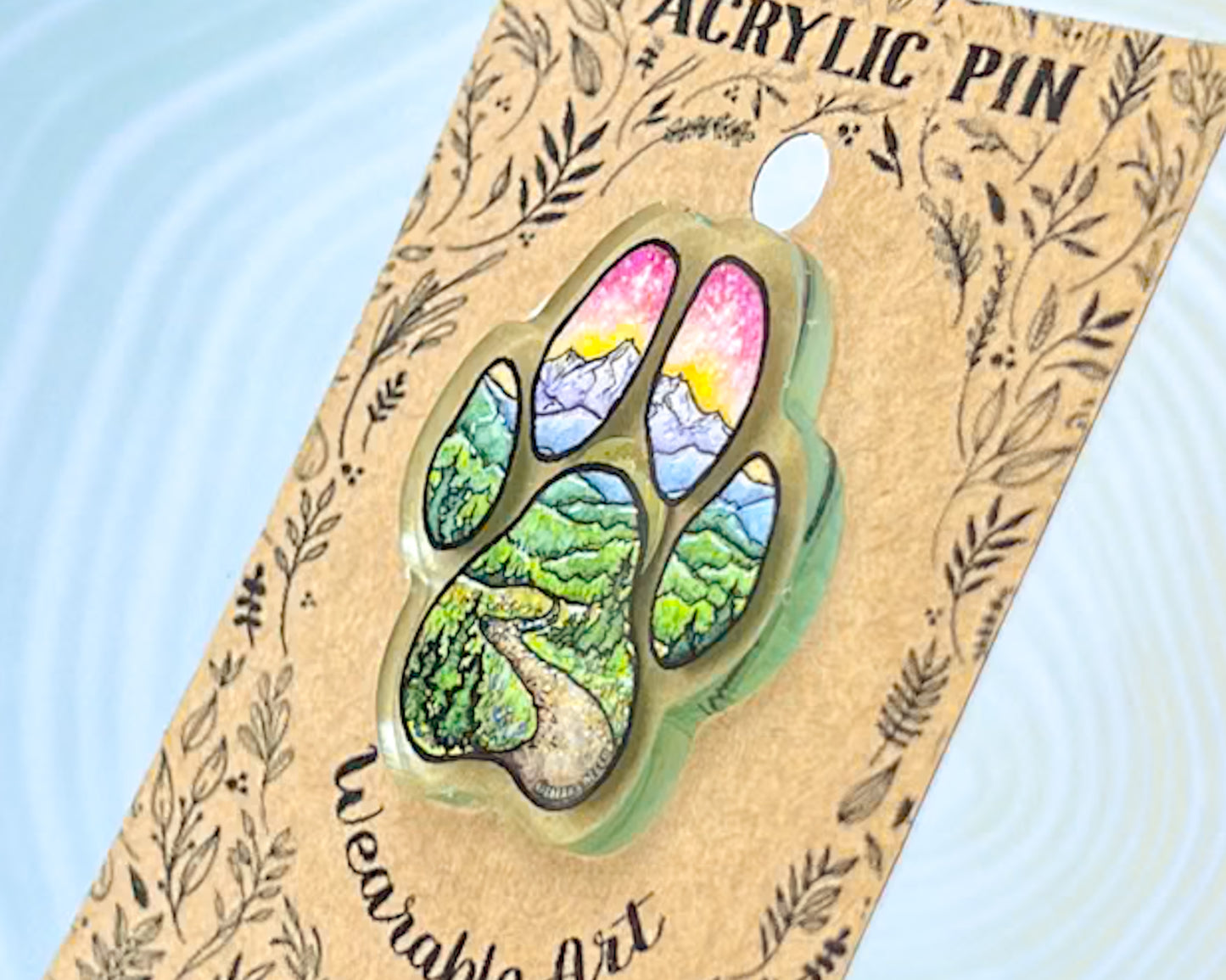 Limited Edition* Adventure Buddy Dog Paw, 1.5” Light Green Acrylic Pin with Rubber Clutch, Wearable Watercolor Art