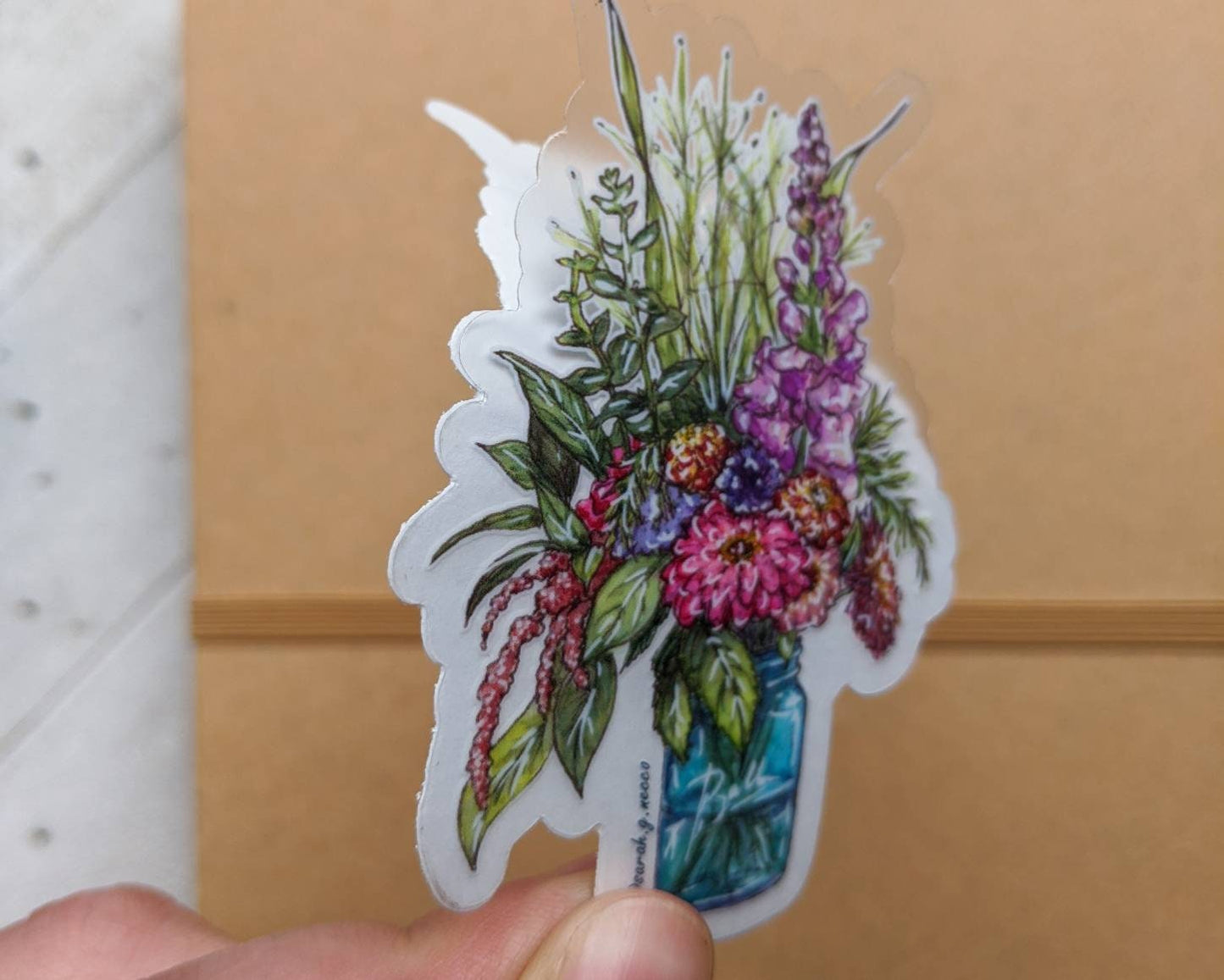 Farm Flowers in Mason Jar, 3"x2" Clear Vinyl Sticker, Waterproof and Dishwasher Safe