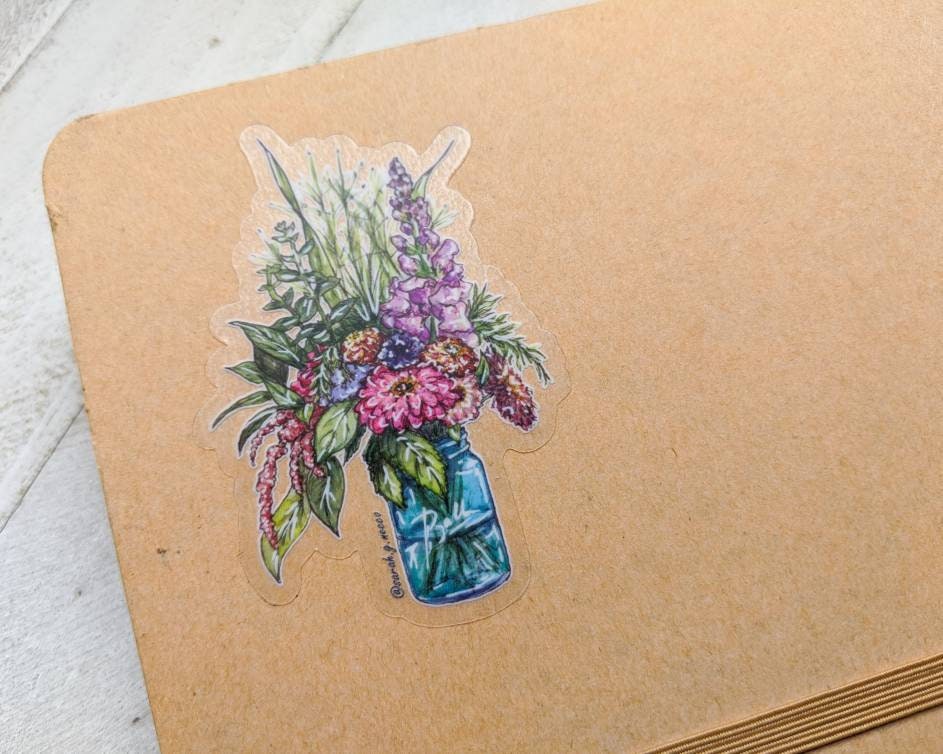 Farm Flowers in Mason Jar, 3"x2" Clear Vinyl Sticker, Waterproof and Dishwasher Safe